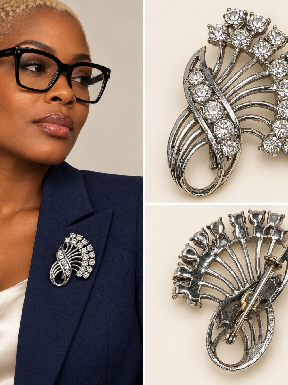 Silver-Tone Clear Rhinestone Floral Spray Brooch